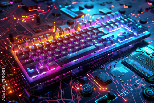 colorful glowing neon computer keyboard with a circuit board background. concept for gaming, technology and cyber security