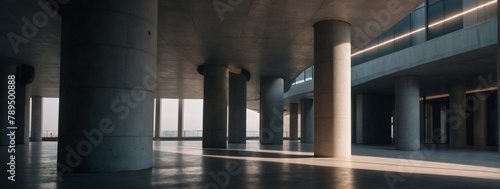 Minimalistic concrete interior with cylindrical columns and subtle lighting. photo