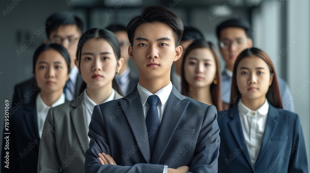 A group of young Chinese individuals in business suits, facing the camera with proud expressions. A group of young Chinese individuals in business suits, facing the camera with proud expressions.