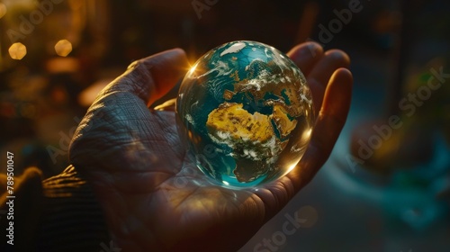 Transport yourself to a realm of elegance and sophistication with this enchanting image of a transparent glass globe resting gracefully in a hand