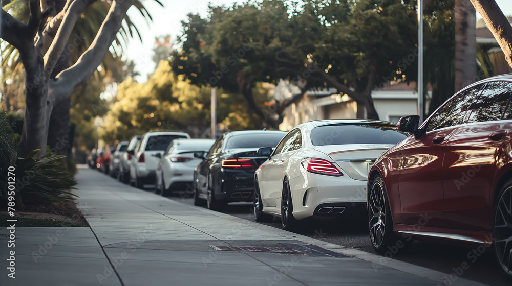 Luxury cars lined up along a tree-lined city street, indicating wealth or a high-end neighborhood.