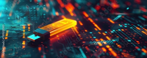 Using a beautiful image of a glowing yellowish USB pendrive as a safe place to keep cryptocurrency, photo