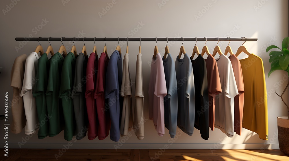 A row of hanging t-shirts in a boutique, displaying various textures and fabrics in sharp, detailed resolution.