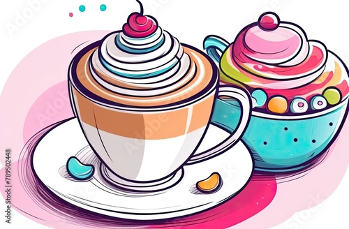 Illustration of a cup of coffee cappuccino with some candies or sweets.
