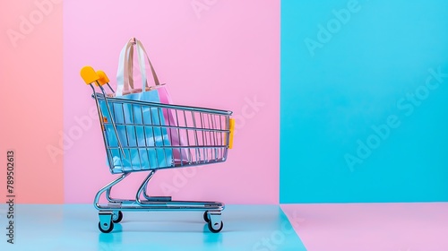 shopping bag in supermarket trolley on pink and blue background