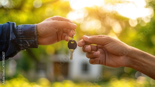 a man is handing over a home keys to another person, a depth of fÄ±eld applied prefabric home in the background, sunny bright day, close up to intricate details 