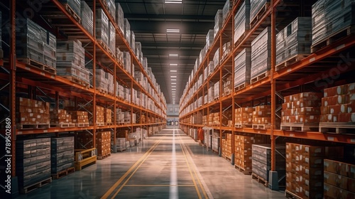 Huge distribution warehouse with high shelves Generative AI © KRIS