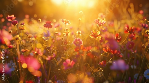 Vibrant wildflowers swaying gently in a sun-kissed meadow, their colorful blooms a symphony of nature's beauty in the golden hour light. 8k, realistic, full ultra HD, high resolution, and cinematic