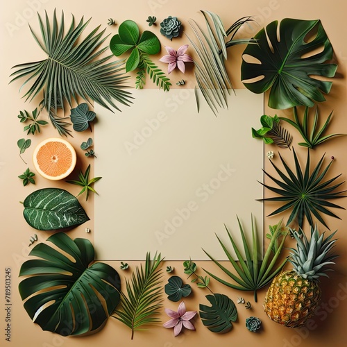 Tropical plants frame background with tan blank space for text on tan background  top view