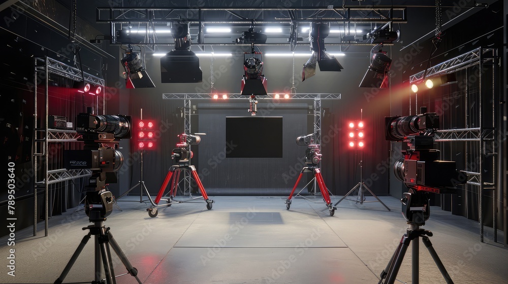 Video production studio featuring multiple cameras and red lighting equipment with a grey backdrop and overhead rigging.