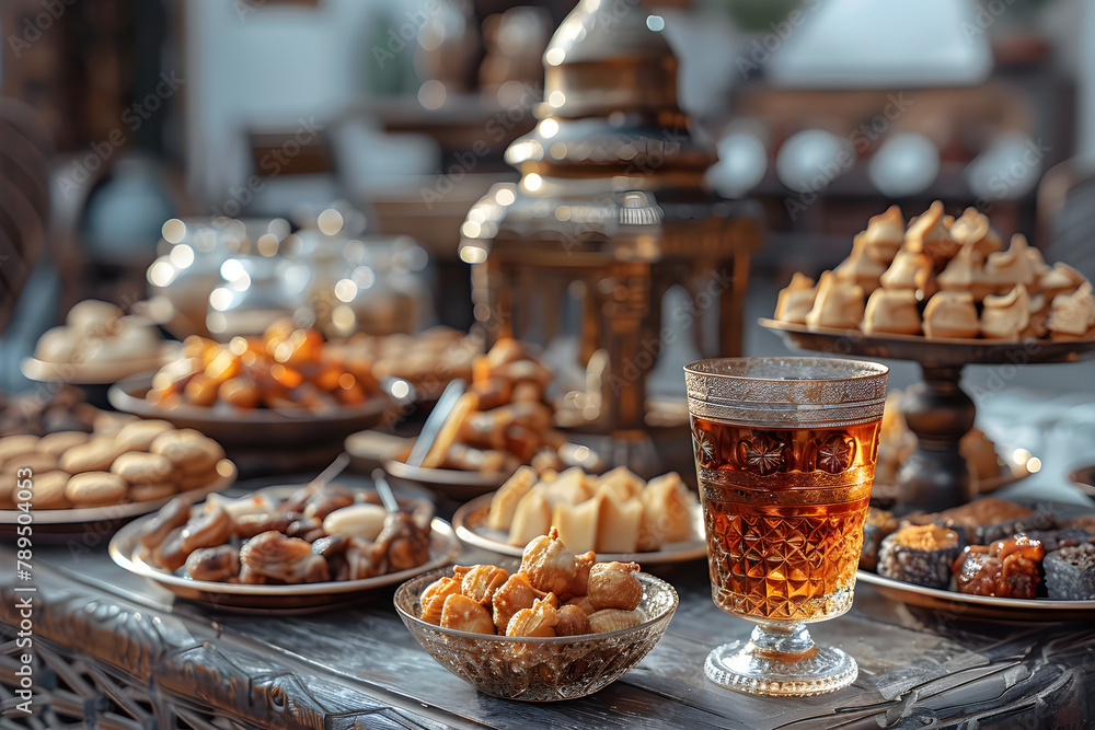 An image representing the celebration and traditions of Eid-al-Adha and Ramadan, with a focus on the Muslim community and their religious practices.