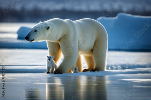 walking Polar bear cub mom ice arctic nature winter snow manitoba baby animal mother female wildlife stock churchill photo