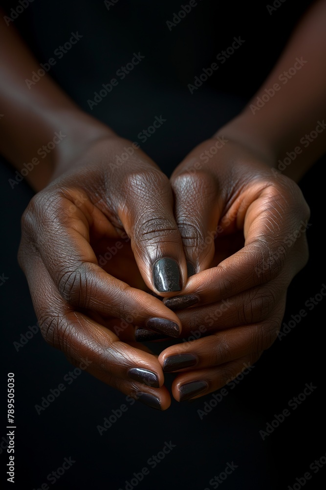 Gentle hands with chic dark nail polish, creating a sense of calm elegance and self care