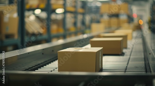 blurry background closeup of boxes on a conveyor belt at a warehouse