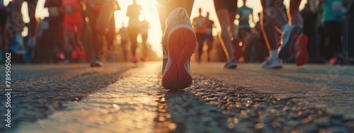 closeup of a runners feet and legs during a marathon at dusk with other competitors in the background photo