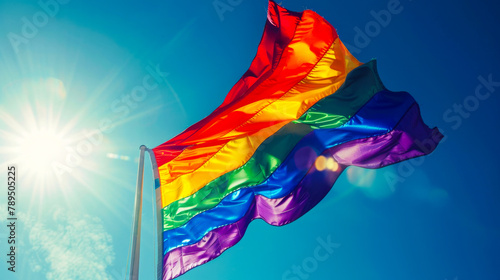 Gay Pride Flag Waving Proudly Under Blue Sky 