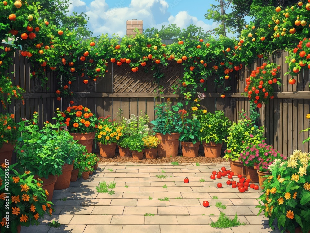 A garden with a fence and a lot of plants. The plants are in pots and there are many oranges on the fence