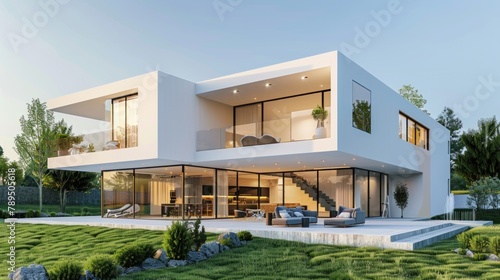 Modern house exterior day light with lawn grass,3d rendering,white backgroud, phone shoot  © Chayna