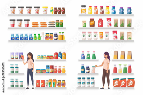 Happy woman and man, shoppers in a grocery market are choosing food on the shelves. Supermarket customers 3D avatars set vector icon, white background, black colour icon