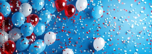 Red, white, and blue confetti and balloons for the USA national holiday are displayed on a digital backdrop.