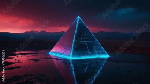 Modern futuristic neon abstract background. Pyramid object in the center, mountainous landscape backdrop. Dark scene with neon light. Reflection of light on a wet surface.