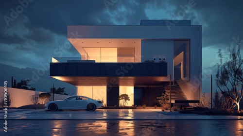 3d modern house concept with car parked outside, in the style of thÃ©odore chassÃ©riau, strong lines, orthogonal, dark white and indigo, eye-catching, charly amani, subtle chromatism  photo