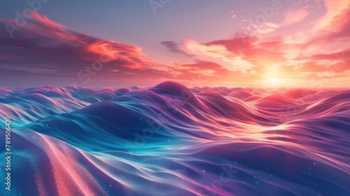 Visualize a world where digital waves cascade across a gradient of sunset colors  merging technology with the beauty of nature. This fusion creates a breathtaking view of the future.