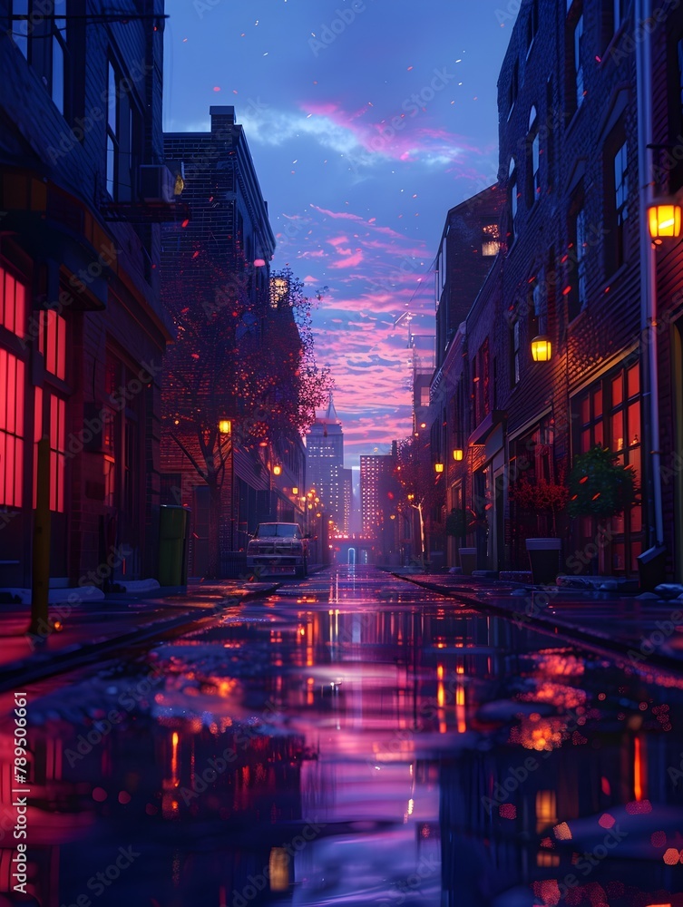 Ethereal Urban Dusk:Liminal Transition of Night and Day in a Colorful 3D Cityscape