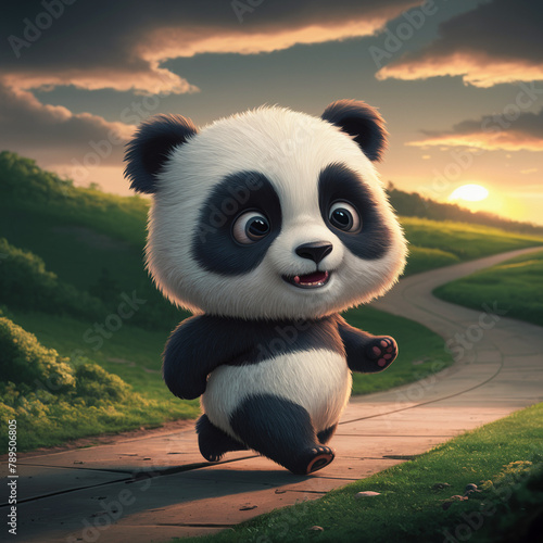 A 3D animated panda is depicted in a state of joy, running along a winding road which meanders through rolling, grassy hills. The setting sun casts an orange glow across the sky, creating a pictu... photo
