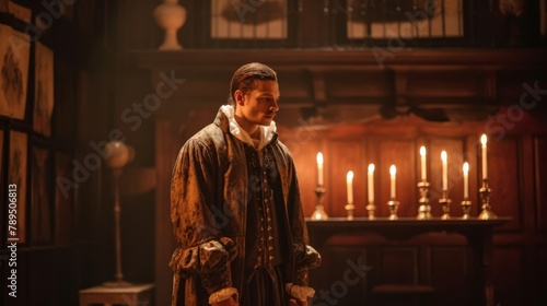 Wallpaper Mural The Shakespearean Soliloquy, Amidst the grandeur of a Renaissance-era castle, an actor delivers a stirring Shakespearean soliloquy. Generated AI. Torontodigital.ca