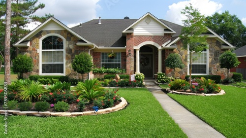one story Texas's style house, garden landscaping, green lawn, some bushes, add flower beds 