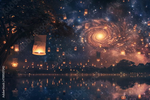 The floating lanterns rise towards a night sky filled with swirling galaxies and celestial bodies photo