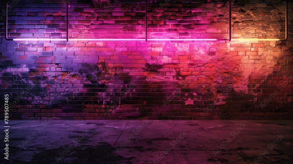 Obraz premium Transport yourself to the heart of the city with an empty background showcasing an old brick wall adorned with neon light, the urban decay and vibrant energy