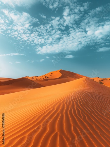 A large sand dune in the middle of a desert with a blue sky and clouds in the background.