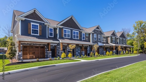 real estate photograph of a row of town homes in the north eastern united states, straight on photo of building, simple sky 35mm lens, 