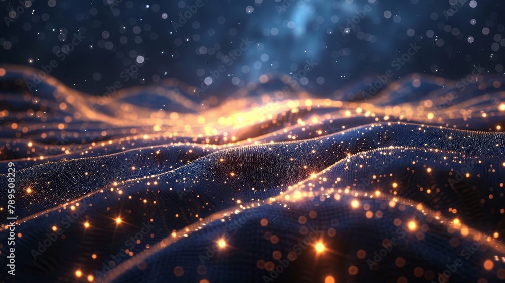 Picture an endless depth of space, where digital waves form a cosmic web. Star-like nodes connect the waves, showcasing the interconnectedness of the universe and digital networks. Picture an endless depth of space, where digital waves form a cosmic web. Star-like nodes connect the waves, showcasing the interconnectedness of the universe and digital networks.