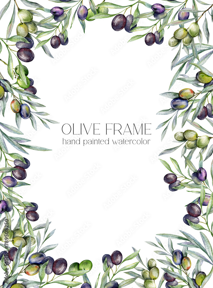 Obraz premium Olives Watercolor Illustration. Olive Branches Greenery Hand Painted Watercolor isolated on white background. Perfect for olive wedding invitations, floral labels, bridal shower and greeting cards