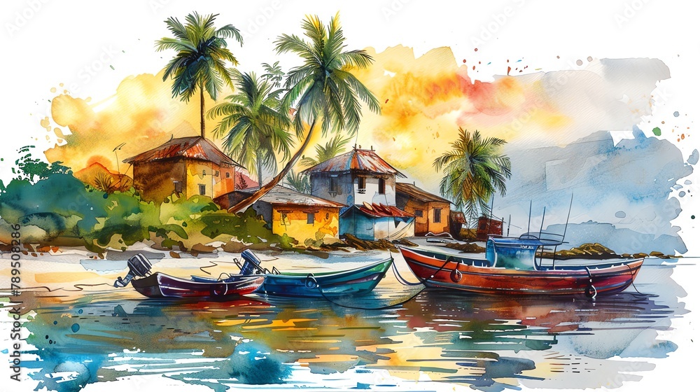 Fishing village , Colorful boats in a fishing village on an island, sunset hues