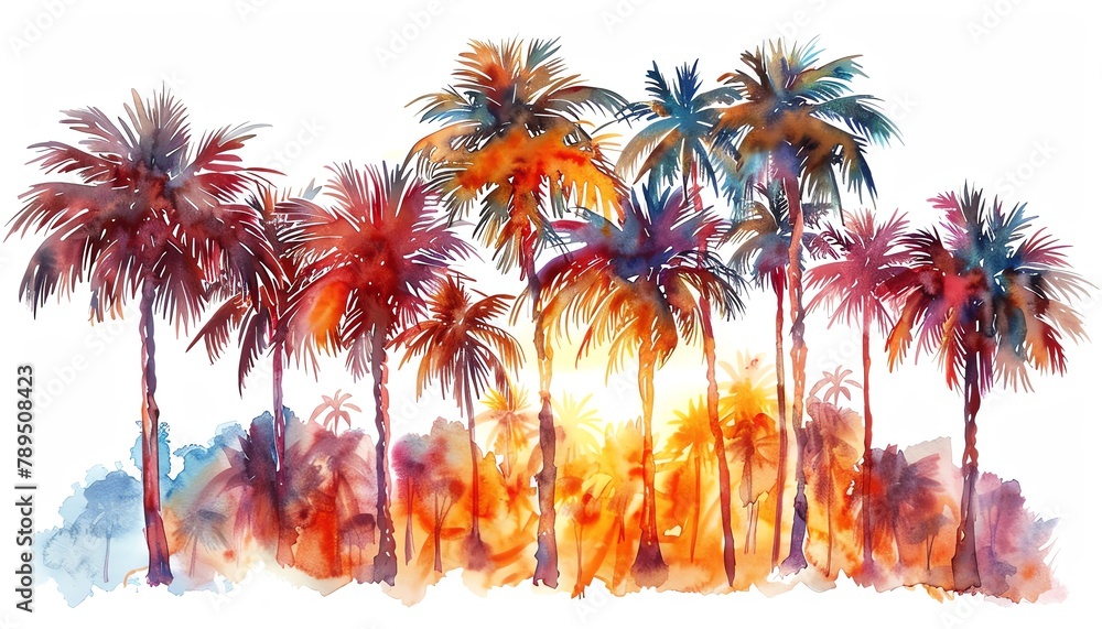 Palm trees , Tall palm trees swaying, warm sunset colors blending in the sky