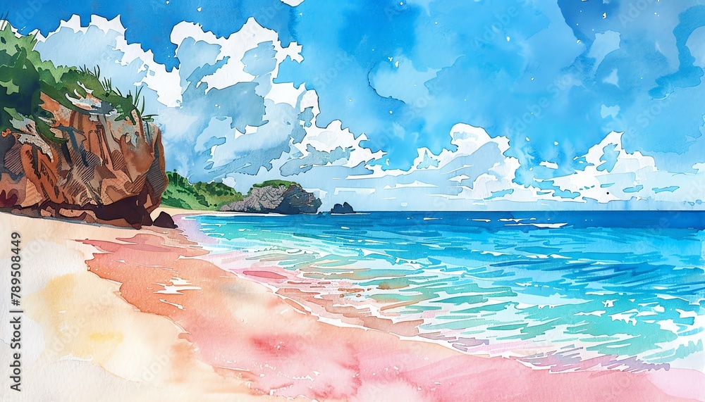 Secluded beach , A secluded beach on an island, soft pink sand, azure sky - obrazy, fototapety, plakaty 