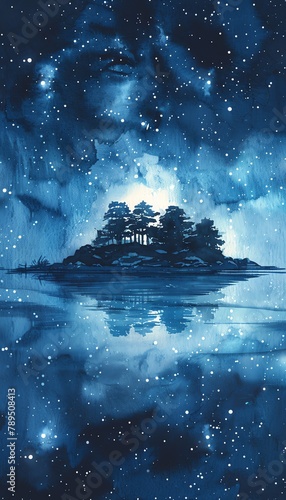 Night sky , Starry night sky over a peaceful island, calm ocean reflections