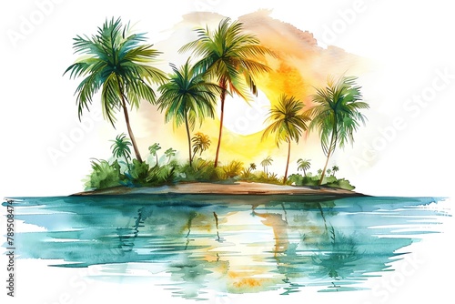 Tropical paradise   Palm trees on a small island  turquoise water  bright sun