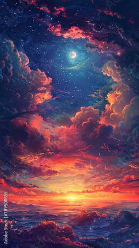 A beautiful, colorful, and starry sky with a large moon. The sky is filled with clouds and the sun is setting