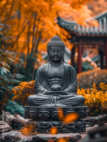 A statue of a Buddha is sitting on a rock in a garden. The statue is surrounded by leaves and branches  giving it a peaceful and serene atmosphere
