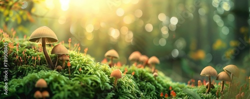 Background of mossy forest with little mushrooms growing on moss under the early morning sun.
