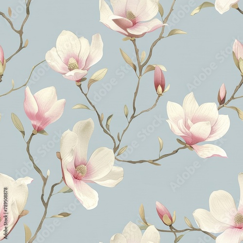 A blue and white floral wallpaper with pink flowers. The flowers are arranged in a way that they look like they are growing on a branch