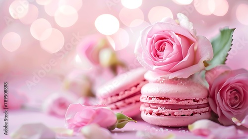 Tasty french macaroons with tender rose on a pink pastel background