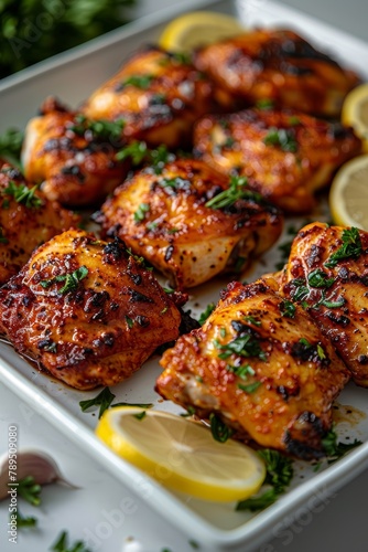 A plate of chicken with lemon slices and parsley on top