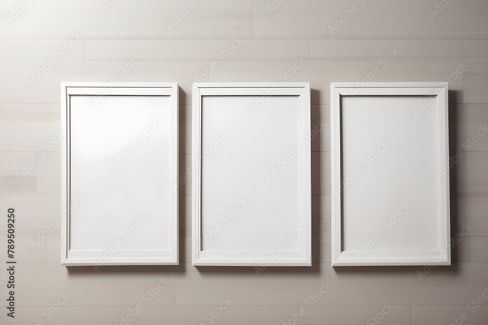Three empty white vertical rectangle poster mockups were designed. Flat lay, top view. Three blank white rectangle picture frames on a wall design. Three empty white vertical rectangle poster mockups were designed. Flat lay, top view. Three blank white rectangle picture frames on a wall design.