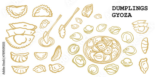 Gyoza and dumplings. Hand drawn isolated vector set. Food menu design template. jiaozi. Chinese, Japanese, Ukrania, Russian and Korean dumplings.